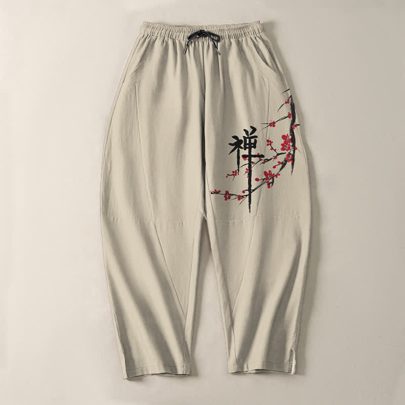 Buddha Stones Herrenhose aus reiner Baumwolle mit Zen-Pflaumenblütenmuster, Kordelzug und Taschen - image 2