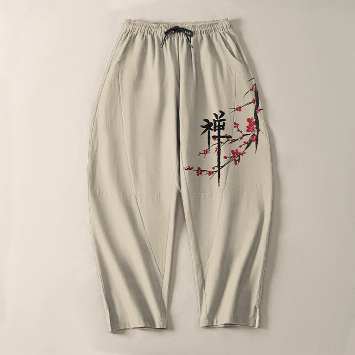 Buddha Stones Herrenhose aus reiner Baumwolle mit Zen-Pflaumenblütenmuster, Kordelzug und Taschen - image 2