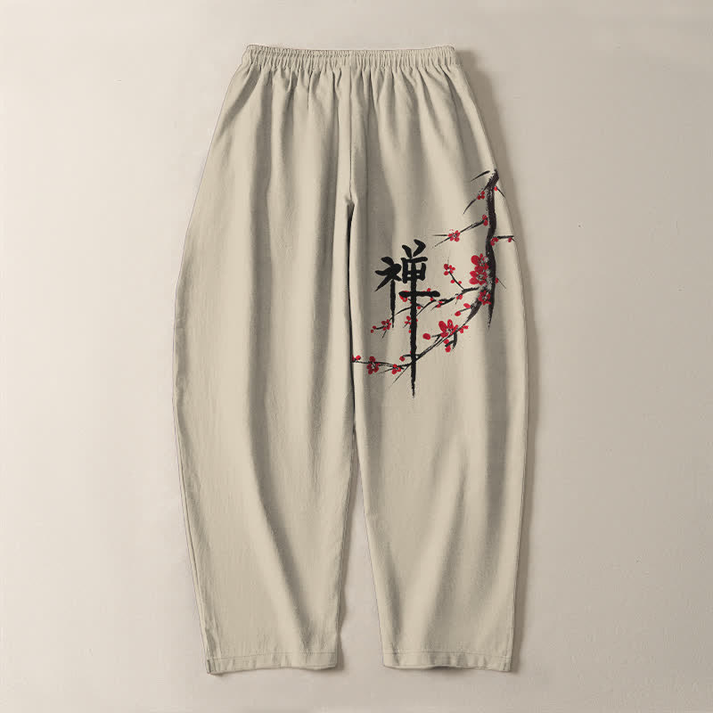 Buddha Stones Herrenhose aus reiner Baumwolle mit Zen-Pflaumenblütenmuster, Kordelzug und Taschen - image 3