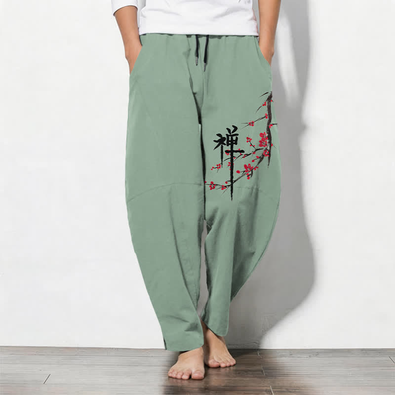 Buddha Stones Herrenhose aus reiner Baumwolle mit Zen-Pflaumenblütenmuster, Kordelzug und Taschen - Dunkelmeergrün - US/UK/AU50, EU60 (5XL) - image 7