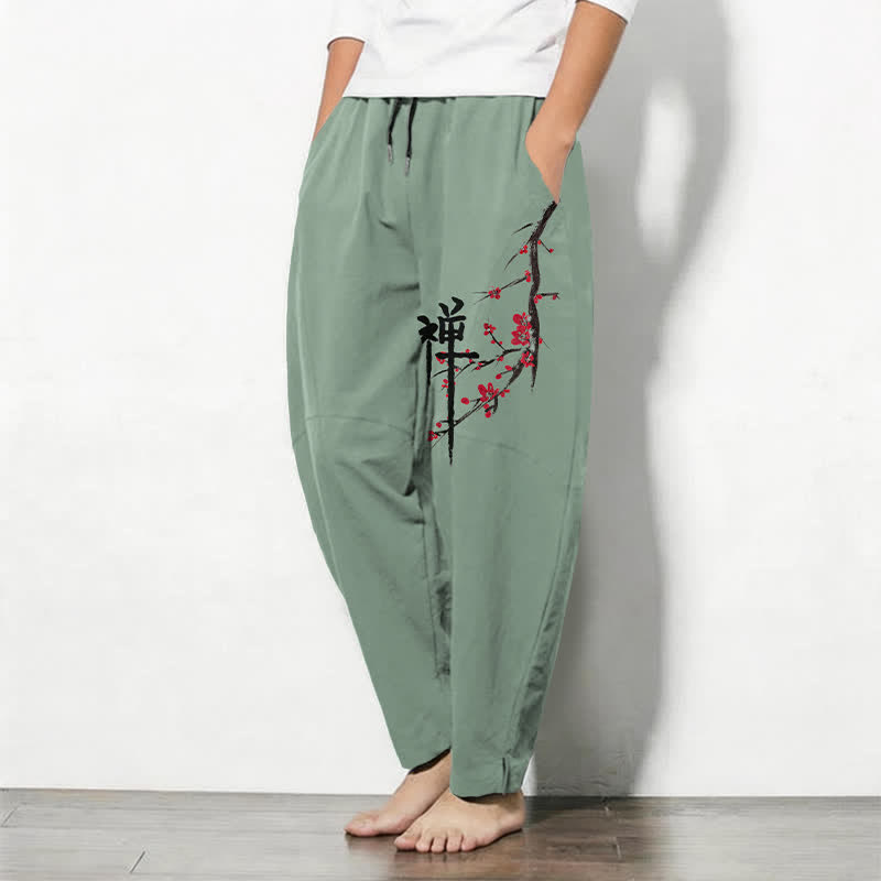 Buddha Stones Herrenhose aus reiner Baumwolle mit Zen-Pflaumenblütenmuster, Kordelzug und Taschen - image 8