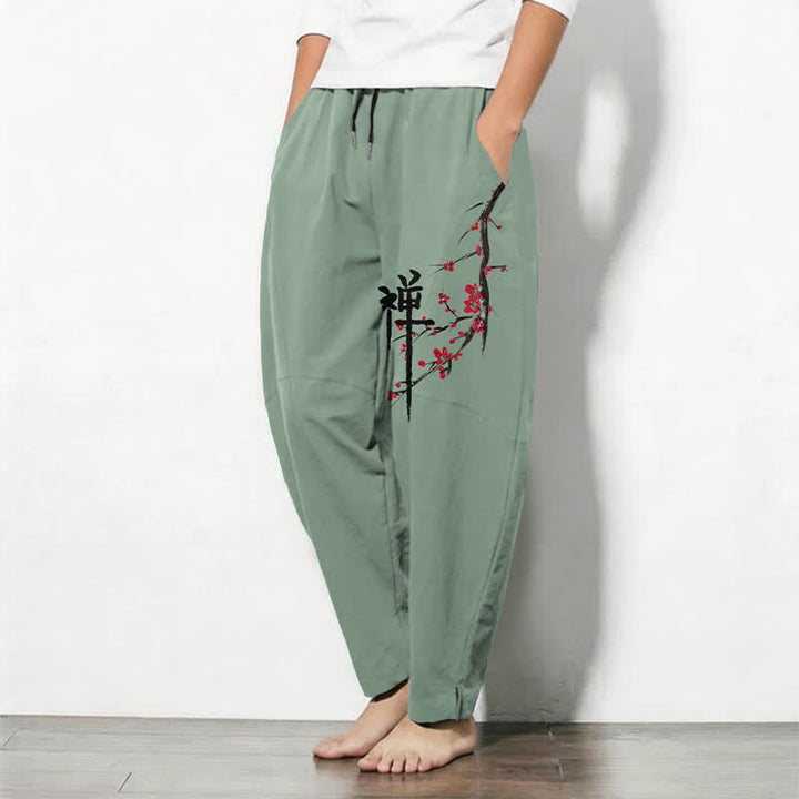 Buddha Stones Herrenhose aus reiner Baumwolle mit Zen-Pflaumenblütenmuster, Kordelzug und Taschen - image 8