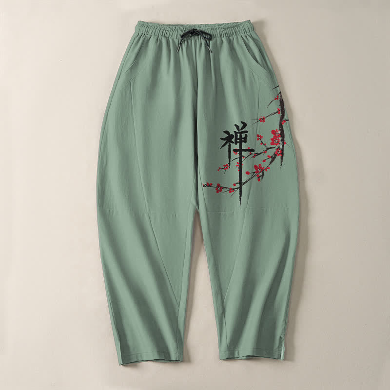 Buddha Stones Herrenhose aus reiner Baumwolle mit Zen-Pflaumenblütenmuster, Kordelzug und Taschen - image 9