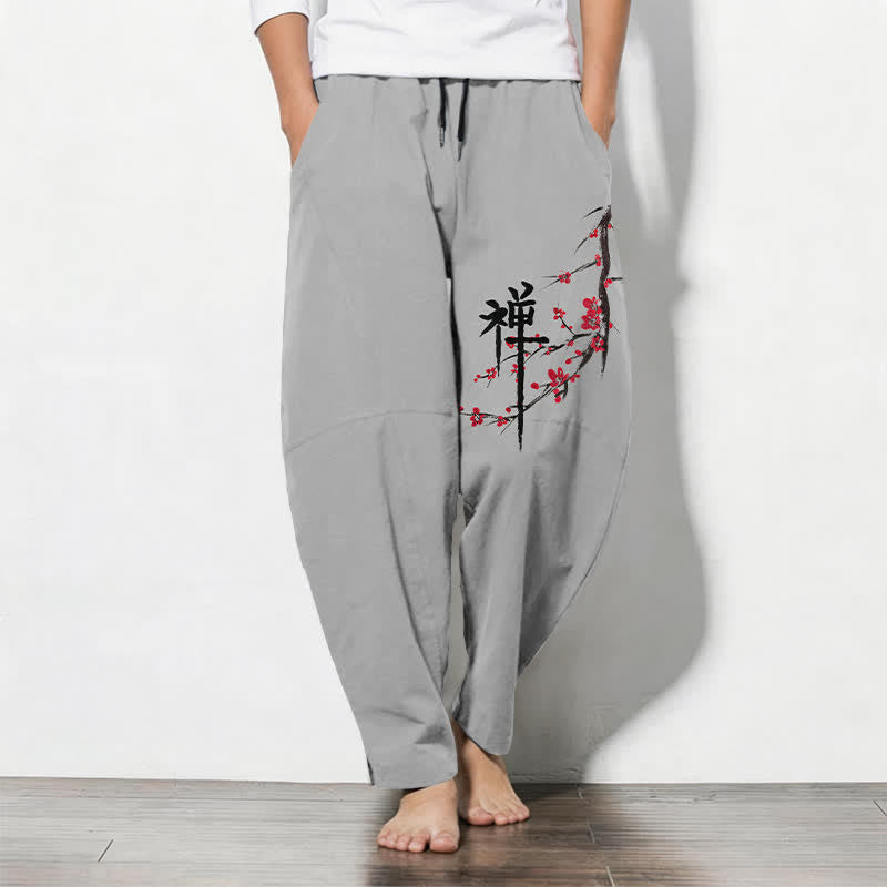 Buddha Stones Herrenhose aus reiner Baumwolle mit Zen-Pflaumenblütenmuster, Kordelzug und Taschen - Hellgrau - US/UK/AU50, EU60 (5XL) - image 11