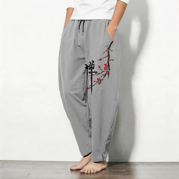 Buddha Stones Herrenhose aus reiner Baumwolle mit Zen-Pflaumenblütenmuster, Kordelzug und Taschen - image 12