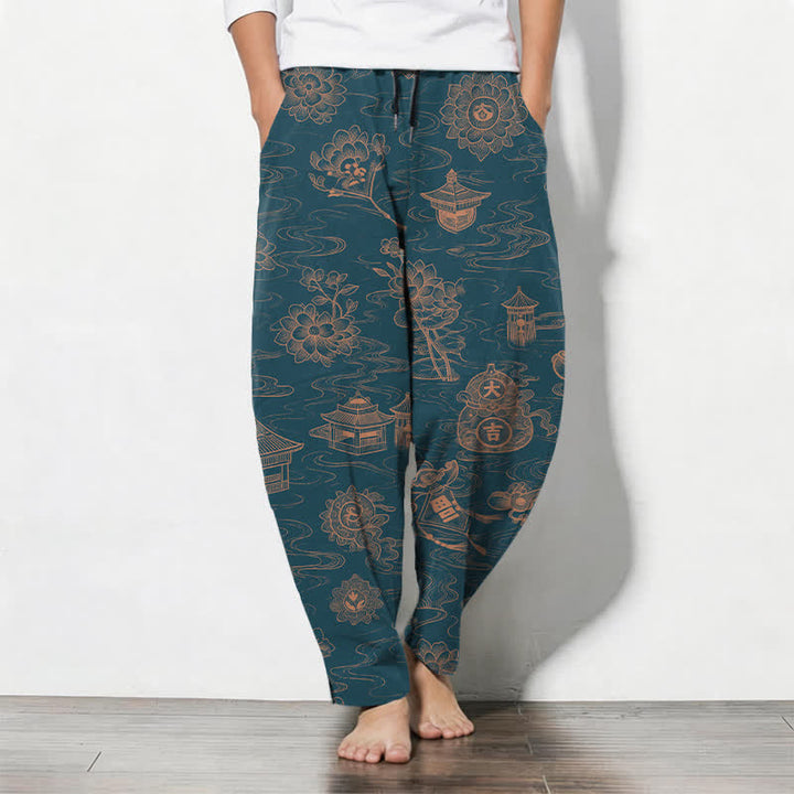Buddha Stones Herrenhose aus reiner Baumwolle mit Lotus-Pavillon-Wolkenmuster, Kordelzug und Taschen - Türkis - US/UK/AU50, EU60 (5XL) - image 0