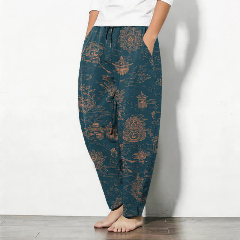 Buddha Stones Herrenhose aus reiner Baumwolle mit Lotus-Pavillon-Wolkenmuster, Kordelzug und Taschen - image 1