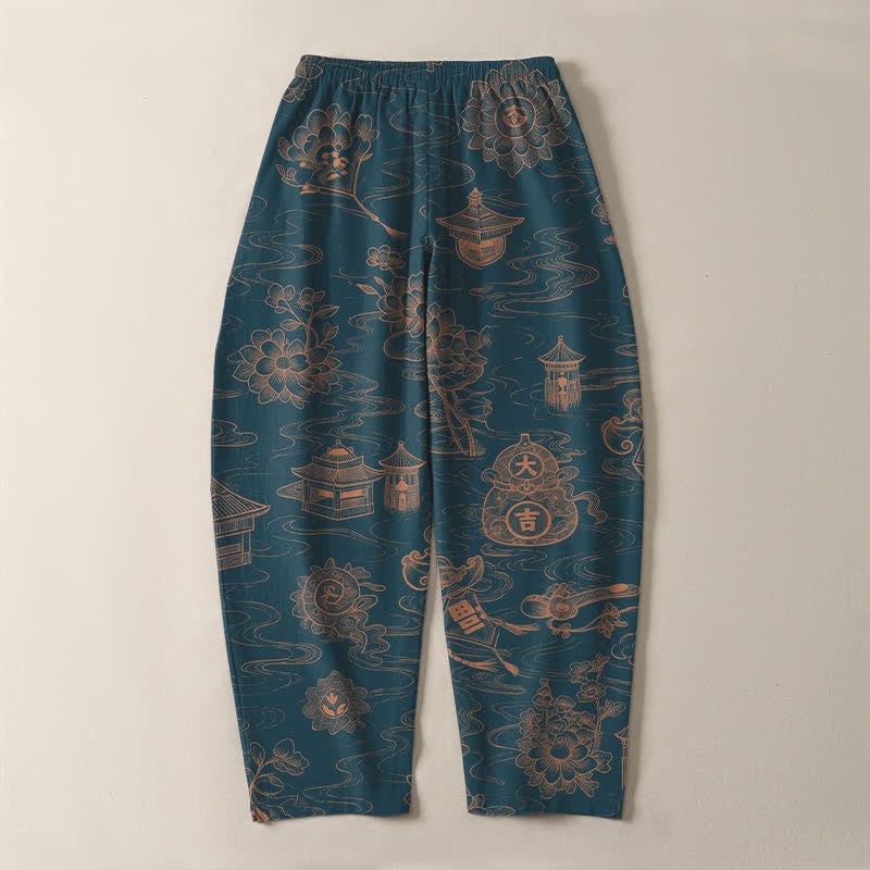 Buddha Stones Herrenhose aus reiner Baumwolle mit Lotus-Pavillon-Wolkenmuster, Kordelzug und Taschen - image 3