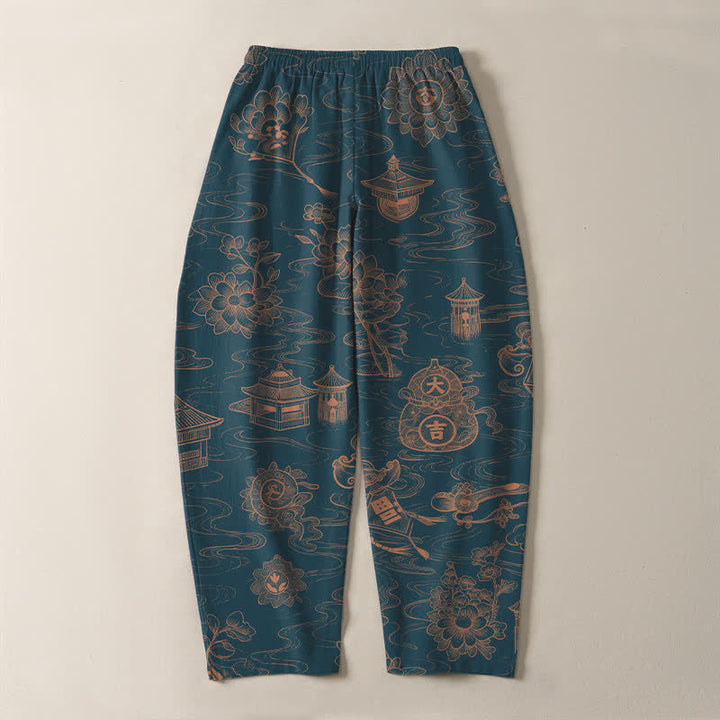 Buddha Stones Herrenhose aus reiner Baumwolle mit Lotus-Pavillon-Wolkenmuster, Kordelzug und Taschen - image 3