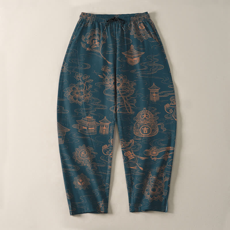 Buddha Stones Herrenhose aus reiner Baumwolle mit Lotus-Pavillon-Wolkenmuster, Kordelzug und Taschen - image 2