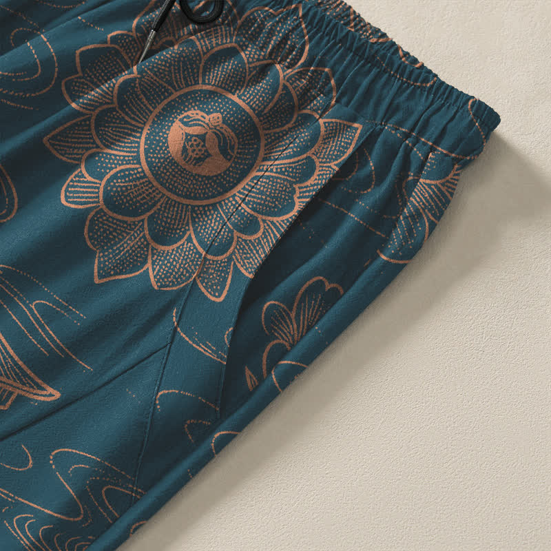 Buddha Stones Herrenhose aus reiner Baumwolle mit Lotus-Pavillon-Wolkenmuster, Kordelzug und Taschen - image 4