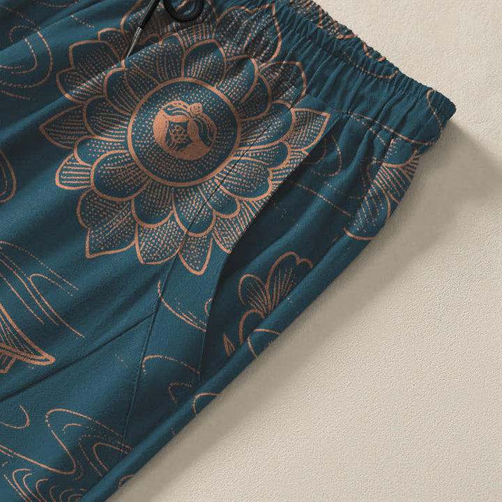Buddha Stones Herrenhose aus reiner Baumwolle mit Lotus-Pavillon-Wolkenmuster, Kordelzug und Taschen - image 4