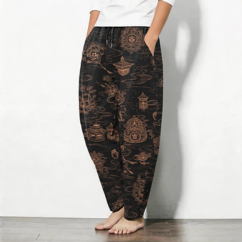 Buddha Stones Herrenhose aus reiner Baumwolle mit Lotus-Pavillon-Wolkenmuster, Kordelzug und Taschen - image 8