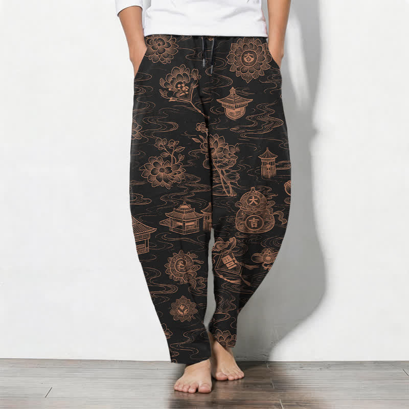 Buddha Stones Herrenhose aus reiner Baumwolle mit Lotus-Pavillon-Wolkenmuster, Kordelzug und Taschen - Schwarz - US/UK/AU50, EU60 (5XL) - image 7