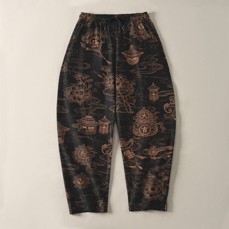 Buddha Stones Herrenhose aus reiner Baumwolle mit Lotus-Pavillon-Wolkenmuster, Kordelzug und Taschen - image 9