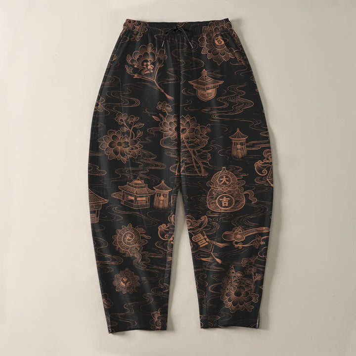 Buddha Stones Herrenhose aus reiner Baumwolle mit Lotus-Pavillon-Wolkenmuster, Kordelzug und Taschen - image 9