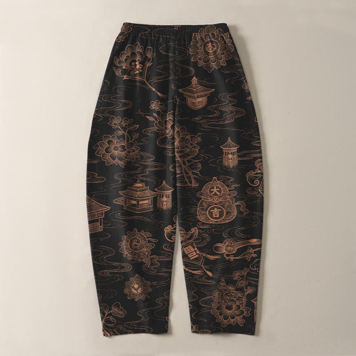Buddha Stones Herrenhose aus reiner Baumwolle mit Lotus-Pavillon-Wolkenmuster, Kordelzug und Taschen - image 10