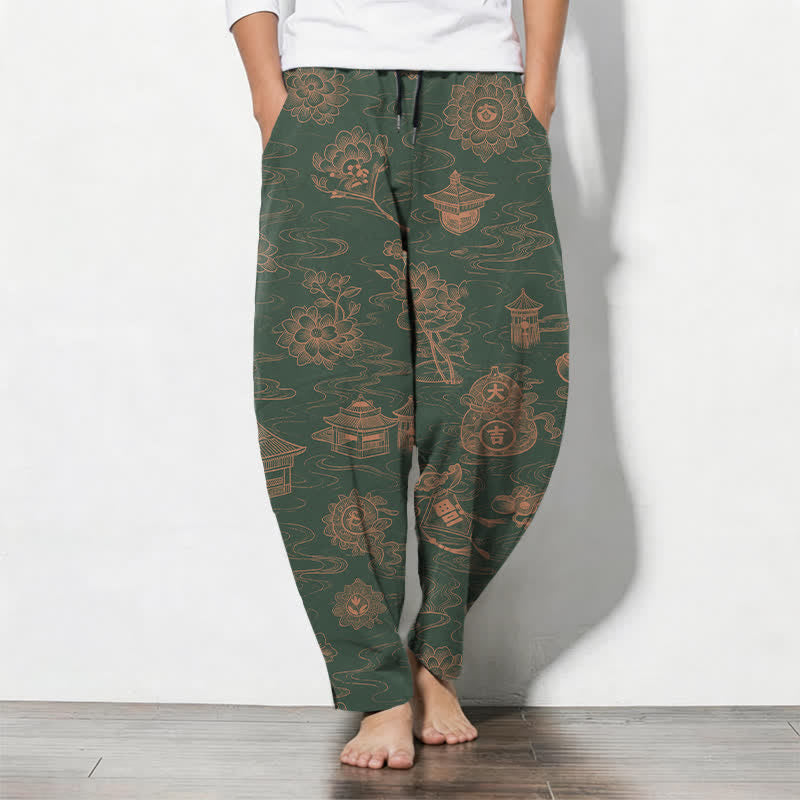 Buddha Stones Herrenhose aus reiner Baumwolle mit Lotus-Pavillon-Wolkenmuster, Kordelzug und Taschen - Dunkelgrün - US/UK/AU50, EU60 (5XL) - image 11