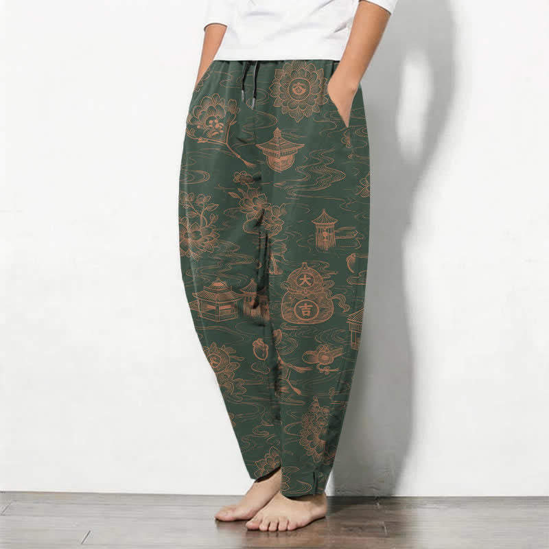 Buddha Stones Herrenhose aus reiner Baumwolle mit Lotus-Pavillon-Wolkenmuster, Kordelzug und Taschen - image 12