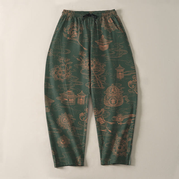 Buddha Stones Herrenhose aus reiner Baumwolle mit Lotus-Pavillon-Wolkenmuster, Kordelzug und Taschen - image 13