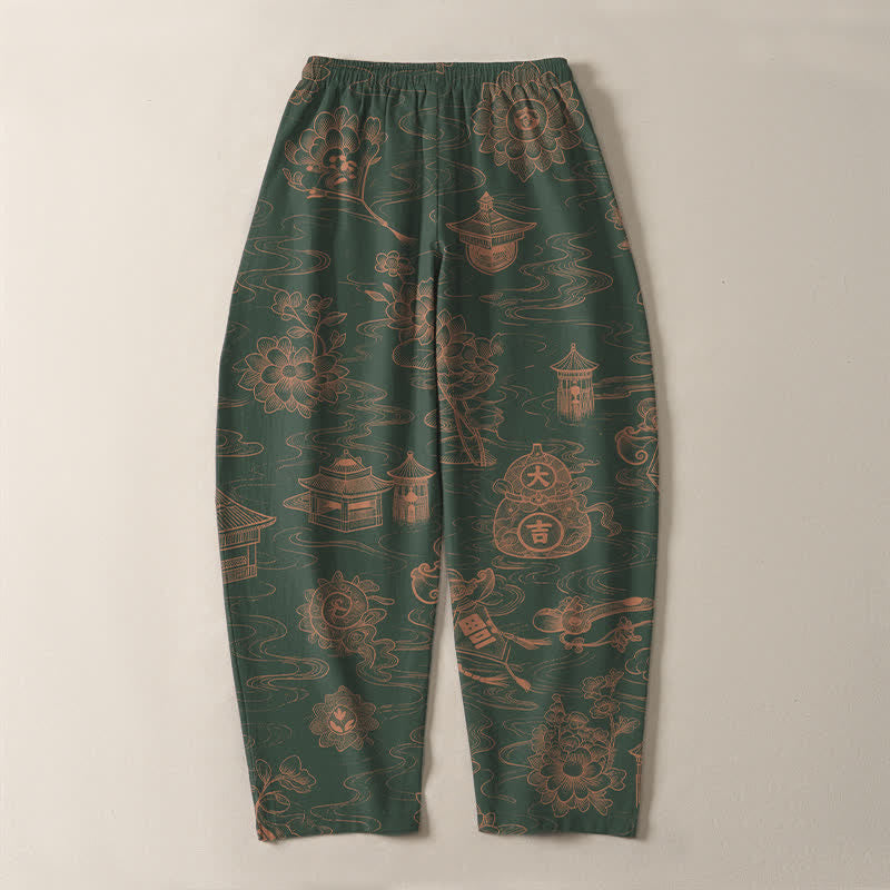 Buddha Stones Herrenhose aus reiner Baumwolle mit Lotus-Pavillon-Wolkenmuster, Kordelzug und Taschen - image 14