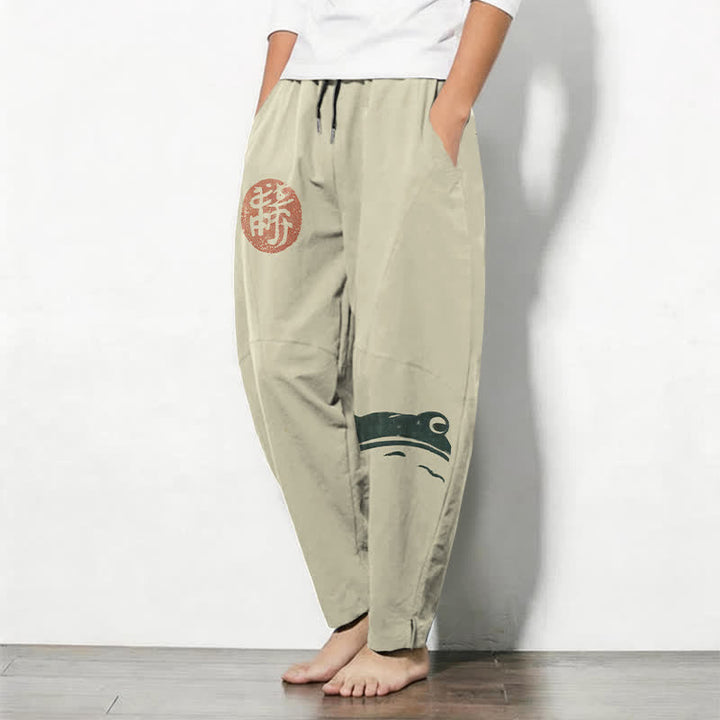 Buddha Stones Herrenhose aus reiner Baumwolle mit Robben- und Froschmuster, Kordelzug, schmal zulaufendem Schnitt und Taschen - image 1