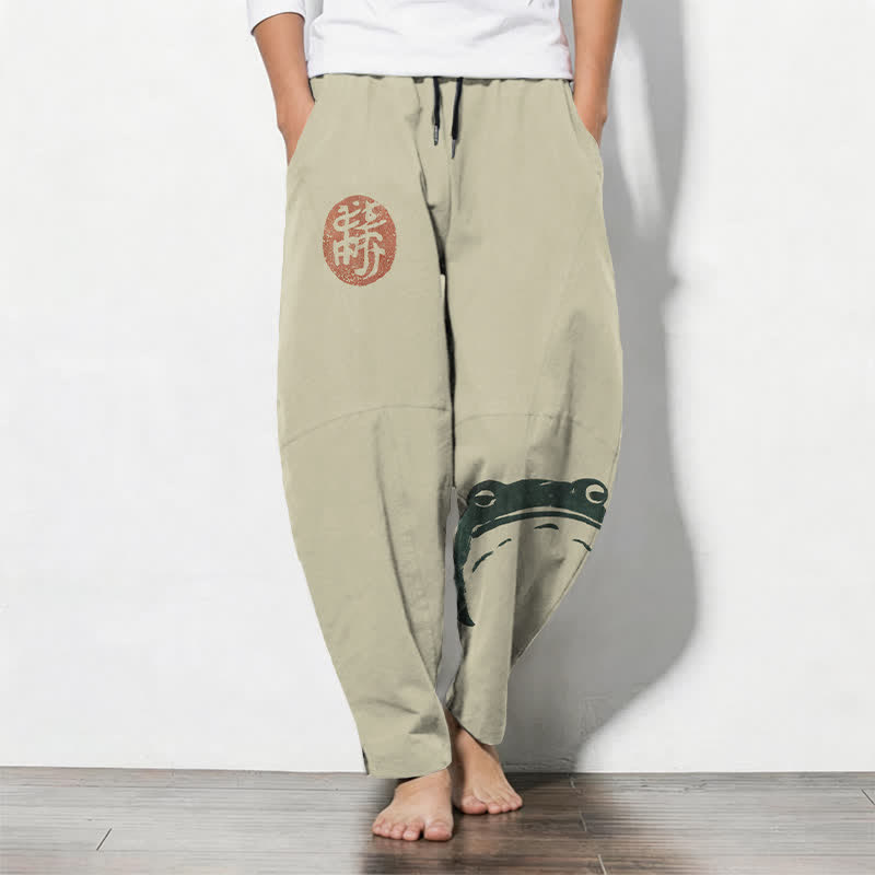 Buddha Stones Herrenhose aus reiner Baumwolle mit Robben- und Froschmuster, Kordelzug, schmal zulaufendem Schnitt und Taschen - Beige - US/UK/AU50, EU60 (5XL) - image 0