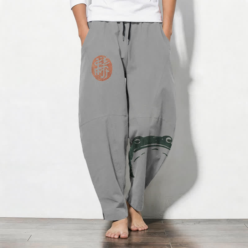 Buddha Stones Herrenhose aus reiner Baumwolle mit Robben- und Froschmuster, Kordelzug, schmal zulaufendem Schnitt und Taschen - Hellgrau - US/UK/AU50, EU60 (5XL) - image 11