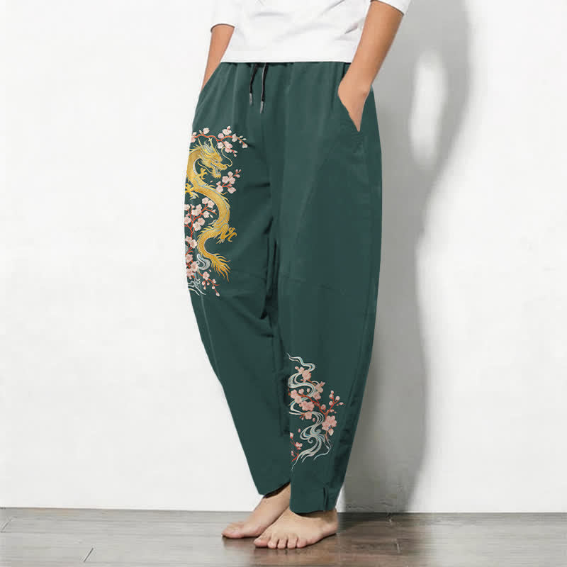 Buddha Stones Herrenhose aus reiner Baumwolle mit goldenem Drachenblütenmuster, Kordelzug, schmal zulaufendem Schnitt und Taschen - image 1