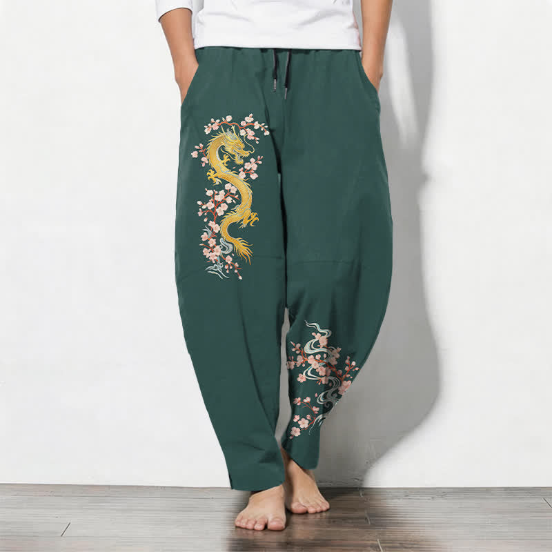 Buddha Stones Herrenhose aus reiner Baumwolle mit goldenem Drachenblütenmuster, Kordelzug, schmal zulaufendem Schnitt und Taschen - SeaGreen - US/UK/AU50, EU60 (5XL) - image 0
