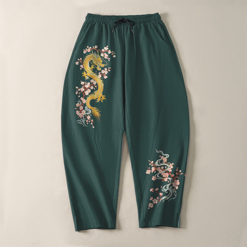 Buddha Stones Herrenhose aus reiner Baumwolle mit goldenem Drachenblütenmuster, Kordelzug, schmal zulaufendem Schnitt und Taschen - image 2