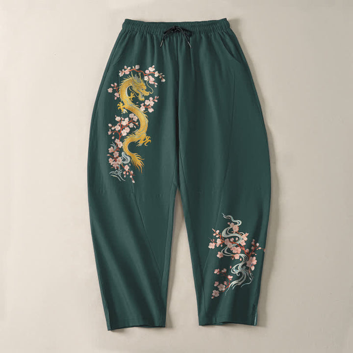 Buddha Stones Herrenhose aus reiner Baumwolle mit goldenem Drachenblütenmuster, Kordelzug, schmal zulaufendem Schnitt und Taschen - image 2