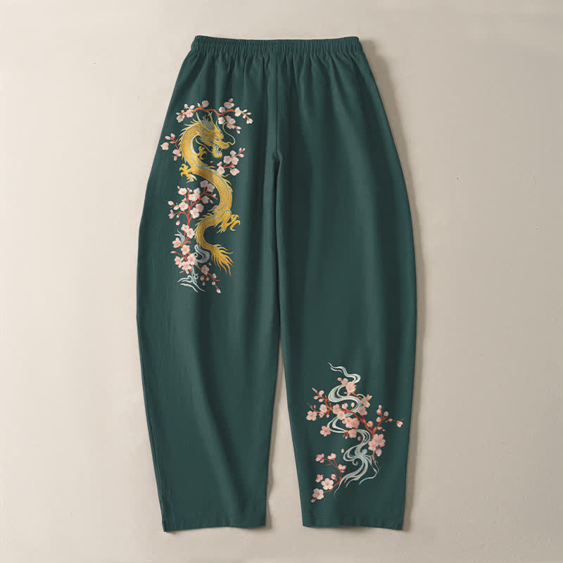 Buddha Stones Herrenhose aus reiner Baumwolle mit goldenem Drachenblütenmuster, Kordelzug, schmal zulaufendem Schnitt und Taschen - image 3