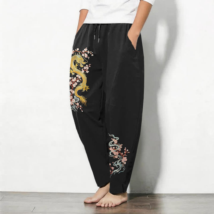 Buddha Stones Herrenhose aus reiner Baumwolle mit goldenem Drachenblütenmuster, Kordelzug, schmal zulaufendem Schnitt und Taschen - image 8