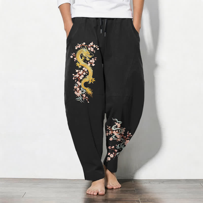 Buddha Stones Herrenhose aus reiner Baumwolle mit goldenem Drachenblütenmuster, Kordelzug, schmal zulaufendem Schnitt und Taschen - Schwarz - US/UK/AU50, EU60 (5XL) - image 7