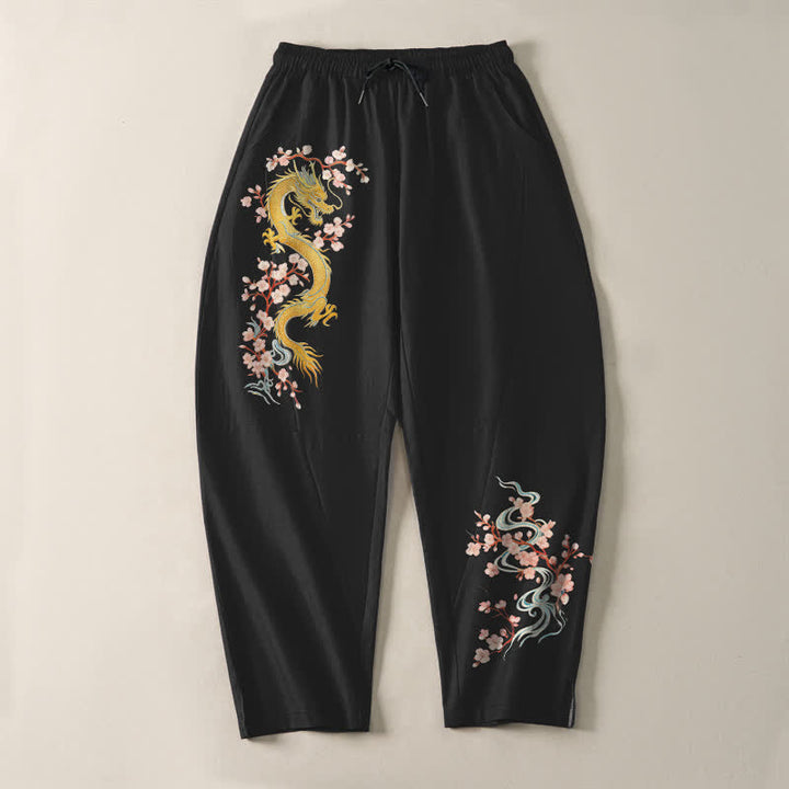 Buddha Stones Herrenhose aus reiner Baumwolle mit goldenem Drachenblütenmuster, Kordelzug, schmal zulaufendem Schnitt und Taschen - image 9