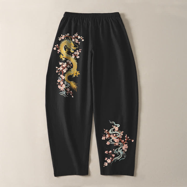 Buddha Stones Herrenhose aus reiner Baumwolle mit goldenem Drachenblütenmuster, Kordelzug, schmal zulaufendem Schnitt und Taschen - image 10