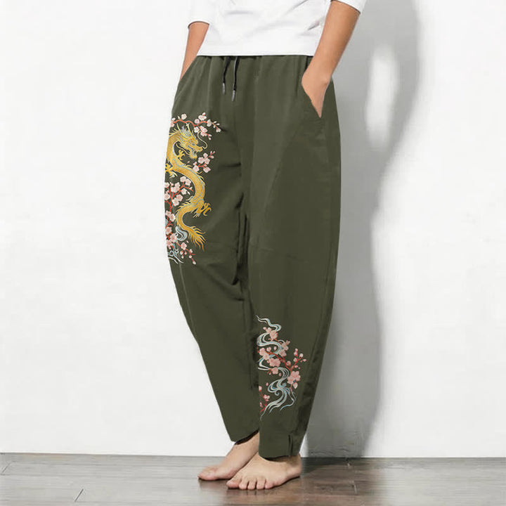 Buddha Stones Herrenhose aus reiner Baumwolle mit goldenem Drachenblütenmuster, Kordelzug, schmal zulaufendem Schnitt und Taschen - image 12