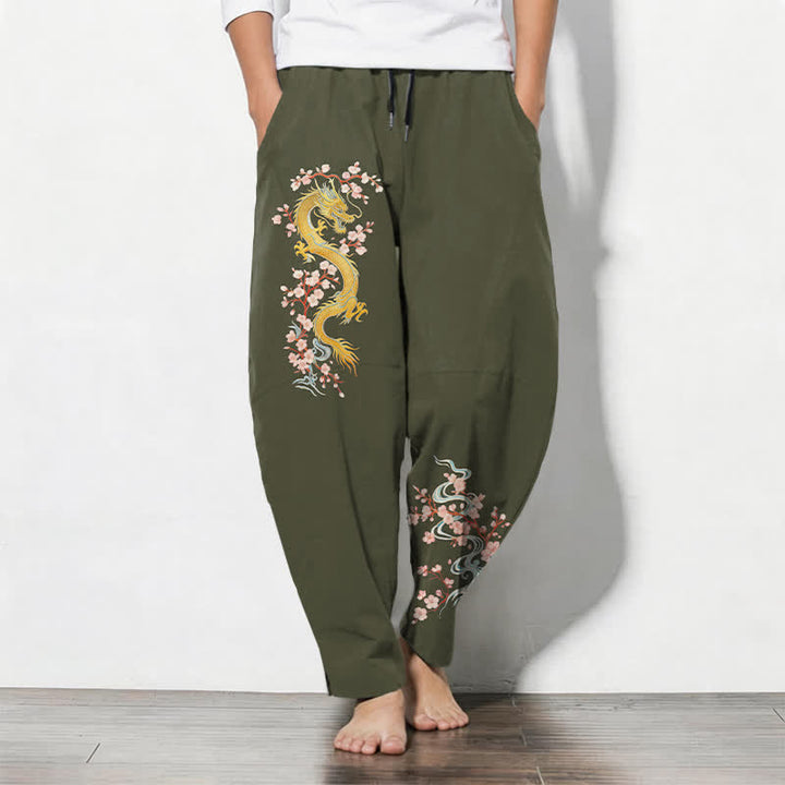 Buddha Stones Herrenhose aus reiner Baumwolle mit goldenem Drachenblütenmuster, Kordelzug, schmal zulaufendem Schnitt und Taschen - Dunkelolivgrün - US/UK/AU50, EU60 (5XL) - image 11