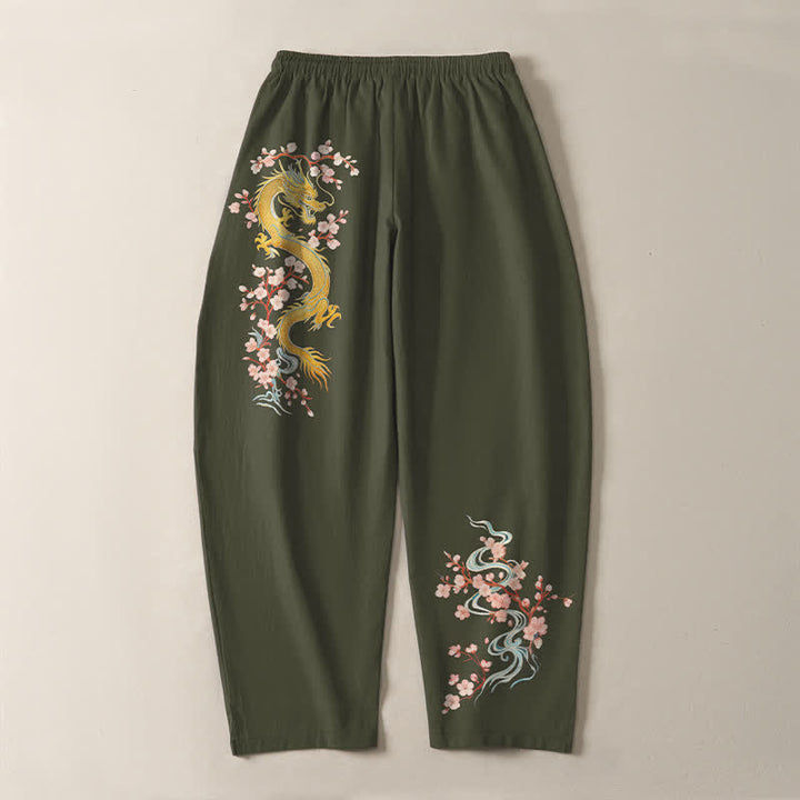Buddha Stones Herrenhose aus reiner Baumwolle mit goldenem Drachenblütenmuster, Kordelzug, schmal zulaufendem Schnitt und Taschen - image 14