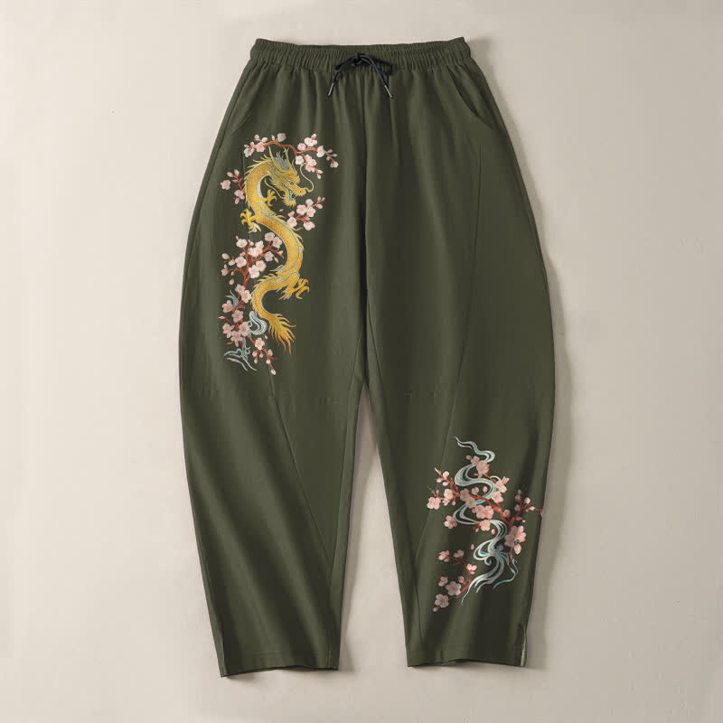 Buddha Stones Herrenhose aus reiner Baumwolle mit goldenem Drachenblütenmuster, Kordelzug, schmal zulaufendem Schnitt und Taschen - image 13