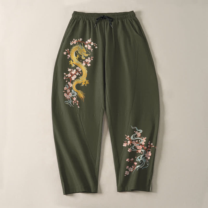 Buddha Stones Herrenhose aus reiner Baumwolle mit goldenem Drachenblütenmuster, Kordelzug, schmal zulaufendem Schnitt und Taschen - image 13