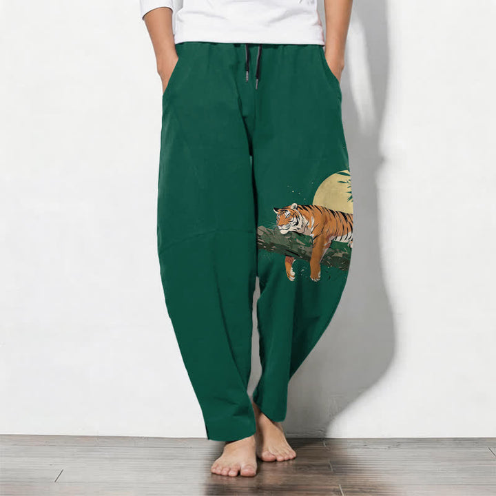 Buddha Stones Herrenhose aus reiner Baumwolle mit Tiger-Mond-Muster, Kordelzug, schmal zulaufendem Bein und Taschen - Grün - US/UK/AU50, EU60 (5XL) - image 7