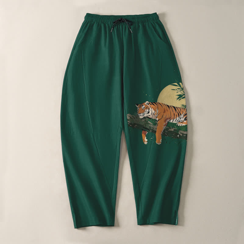 Buddha Stones Herrenhose aus reiner Baumwolle mit Tiger-Mond-Muster, Kordelzug, schmal zulaufendem Bein und Taschen - image 9