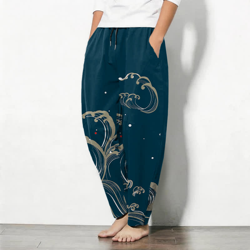 Buddha Stones Herrenhose aus reiner Baumwolle mit Meereswellenmuster, Kordelzug und Taschen - image 1