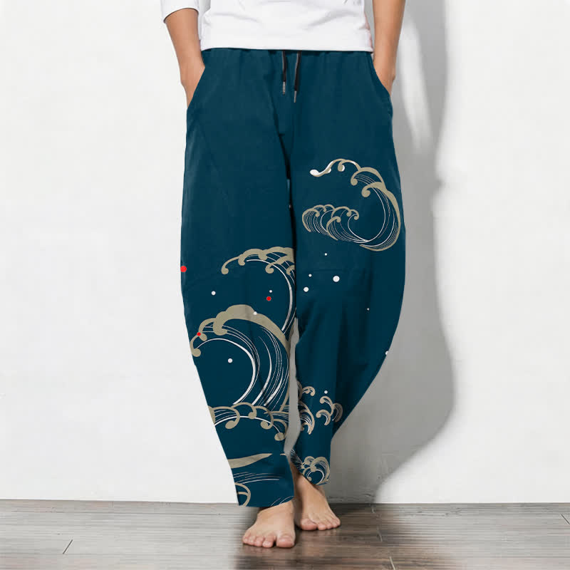 Buddha Stones Herrenhose aus reiner Baumwolle mit Meereswellenmuster, Kordelzug und Taschen - Türkis - US/UK/AU50, EU60 (5XL) - image 0