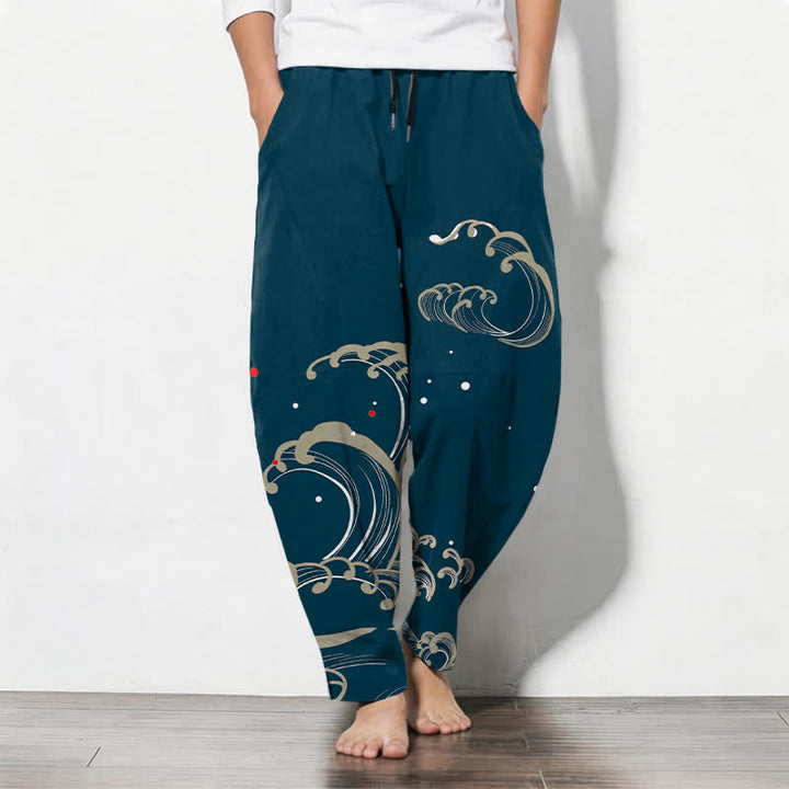 Buddha Stones Herrenhose aus reiner Baumwolle mit Meereswellenmuster, Kordelzug und Taschen - Türkis - US/UK/AU50, EU60 (5XL) - image 0