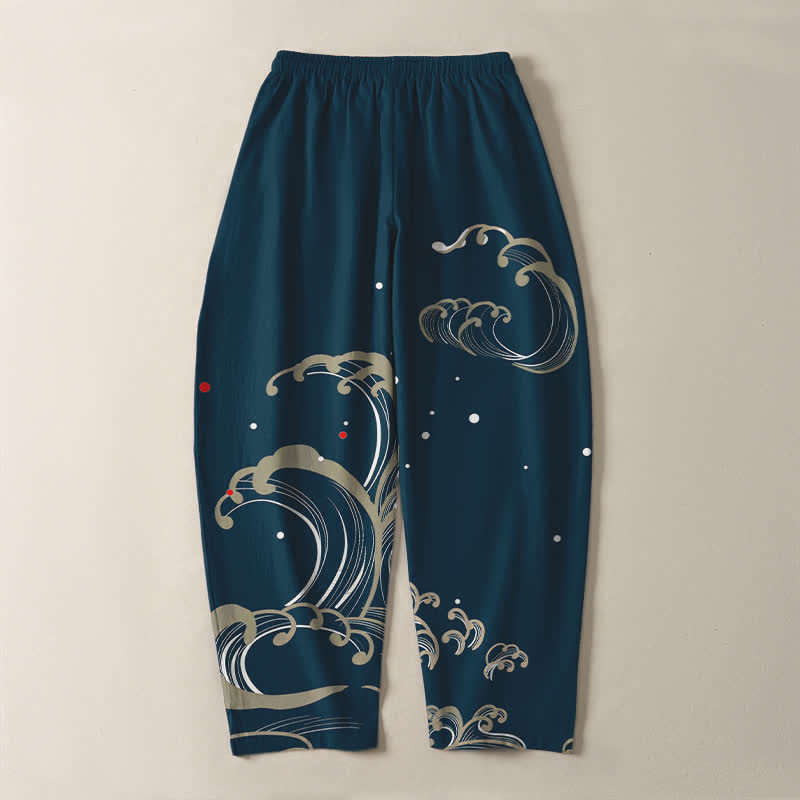Buddha Stones Herrenhose aus reiner Baumwolle mit Meereswellenmuster, Kordelzug und Taschen - image 3