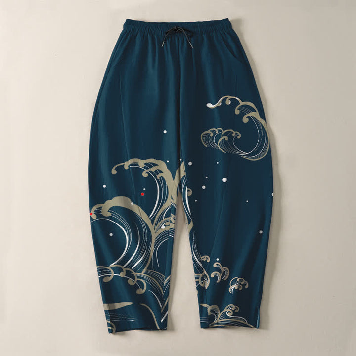 Buddha Stones Herrenhose aus reiner Baumwolle mit Meereswellenmuster, Kordelzug und Taschen - image 2