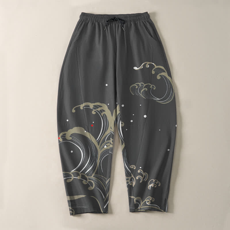 Buddha Stones Herrenhose aus reiner Baumwolle mit Meereswellenmuster, Kordelzug und Taschen - image 9